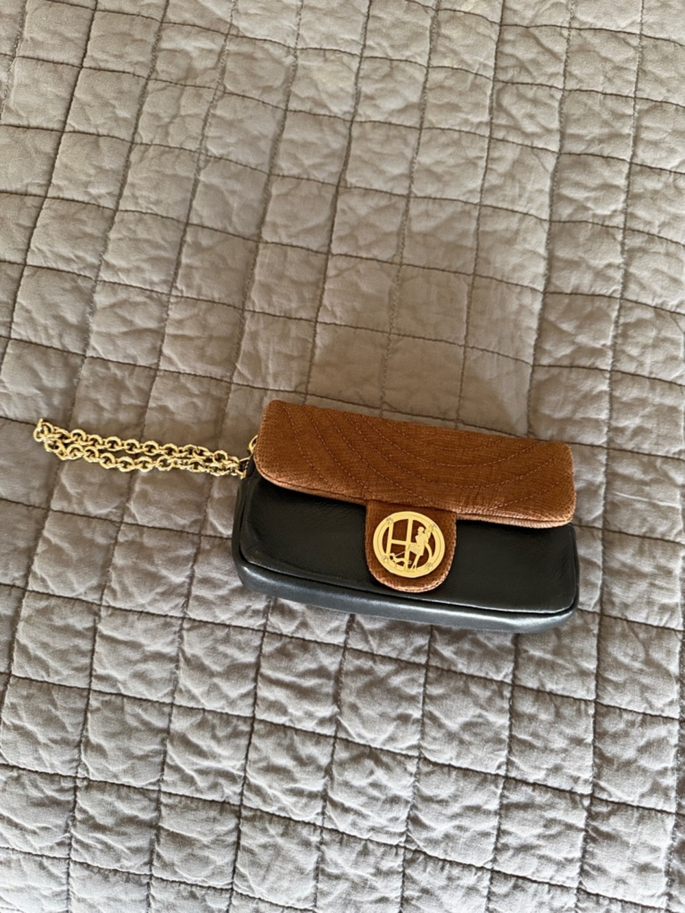 Two-Tone Black and Brown Leather Chain Wristlet Bag with Gold-Tone Emblem
